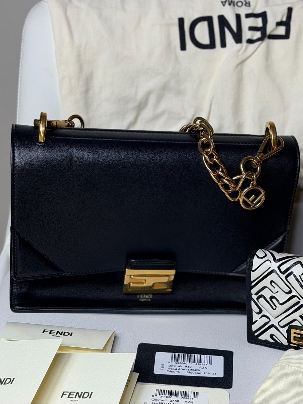 Discontinued Fendi Kan U Black Leather Shoulder Bag with Gold Chain